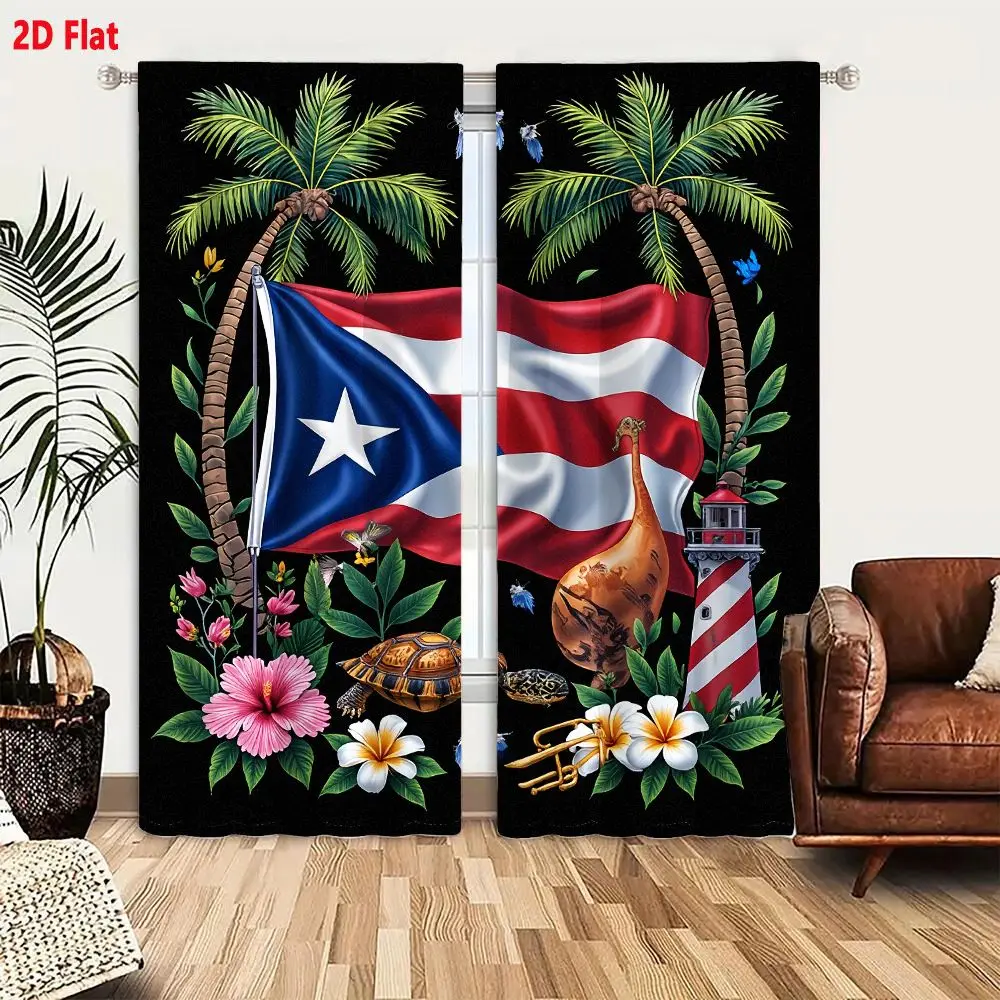 2Pcs Curtains 2D Flat Vibrant Puerto Rican Flag Palm Trees Hibiscus Güiro Lighthouse And Tropical Symbols Window Drapes for Bedr