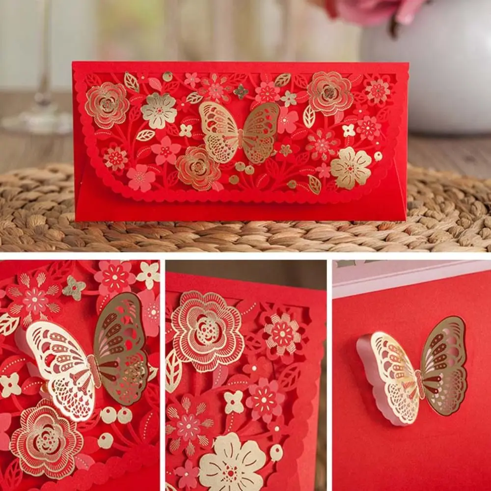 6pcs Laser Engraving Chinese Red Envelopes Rectangular Embossed Red Packet Hollow Three-dimensional HongBao Kids