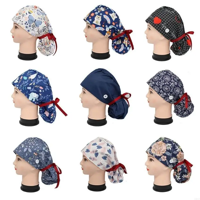 Damska czapka z długimi włosami, regulowana z guzikami z opaską, kwiatowy nadruk, kucyk, wiązanie z tyłu, bawełniany kapelusz