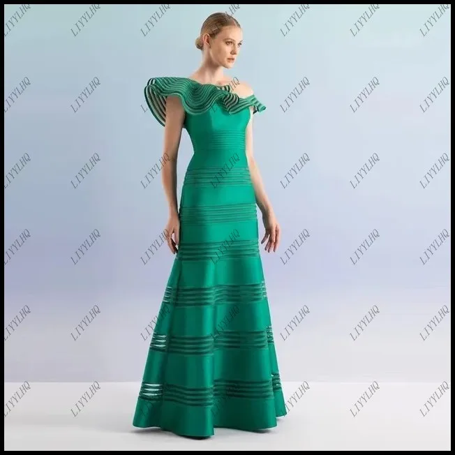 LIYYLHQ Green Tulle A Line Long Evening Dresses One Shoulder Floor Length Arabic Women Formal Elegant Formal Prom Party Gowns