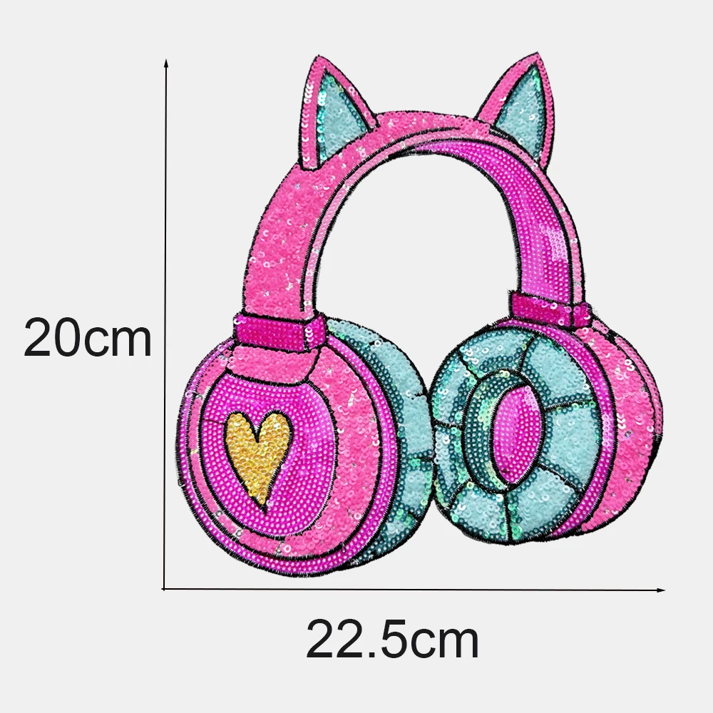 1 Piece 22.5*20 cm Pink Sequins Earphone Patch Shining Iron on Patch for Garment Decoration DIY Applique Clothing Accessories