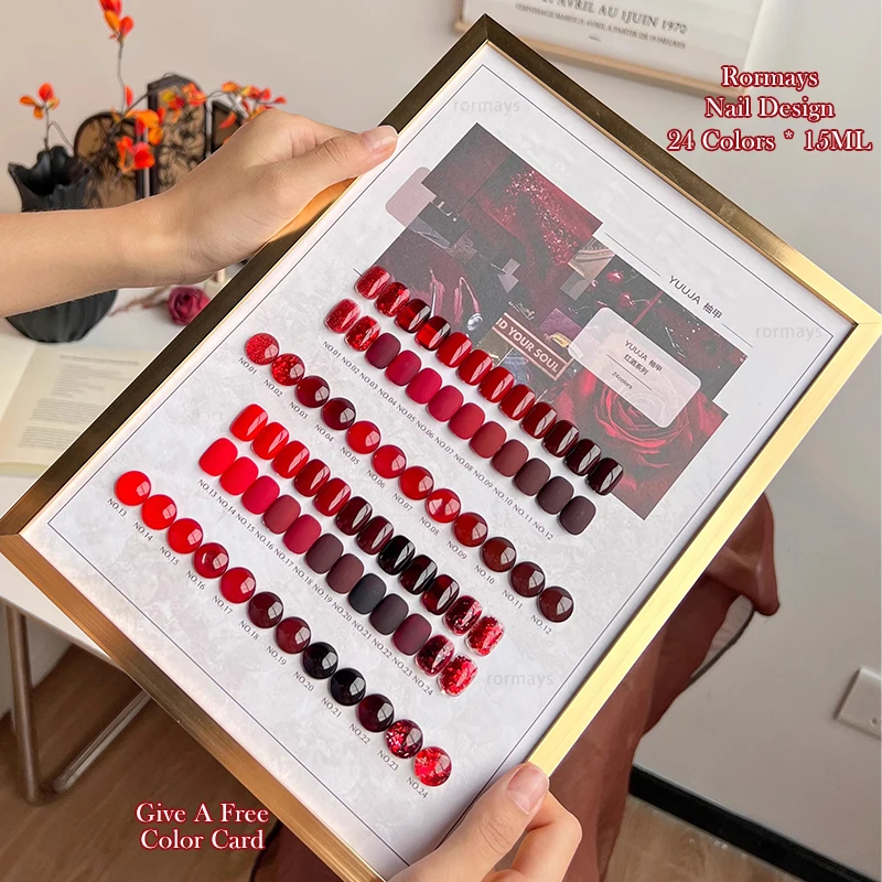 Rormays rose red gel polishing 24PCS mixed semi permanent varnish red collection wine red shiny ultraviolet primer nail glue