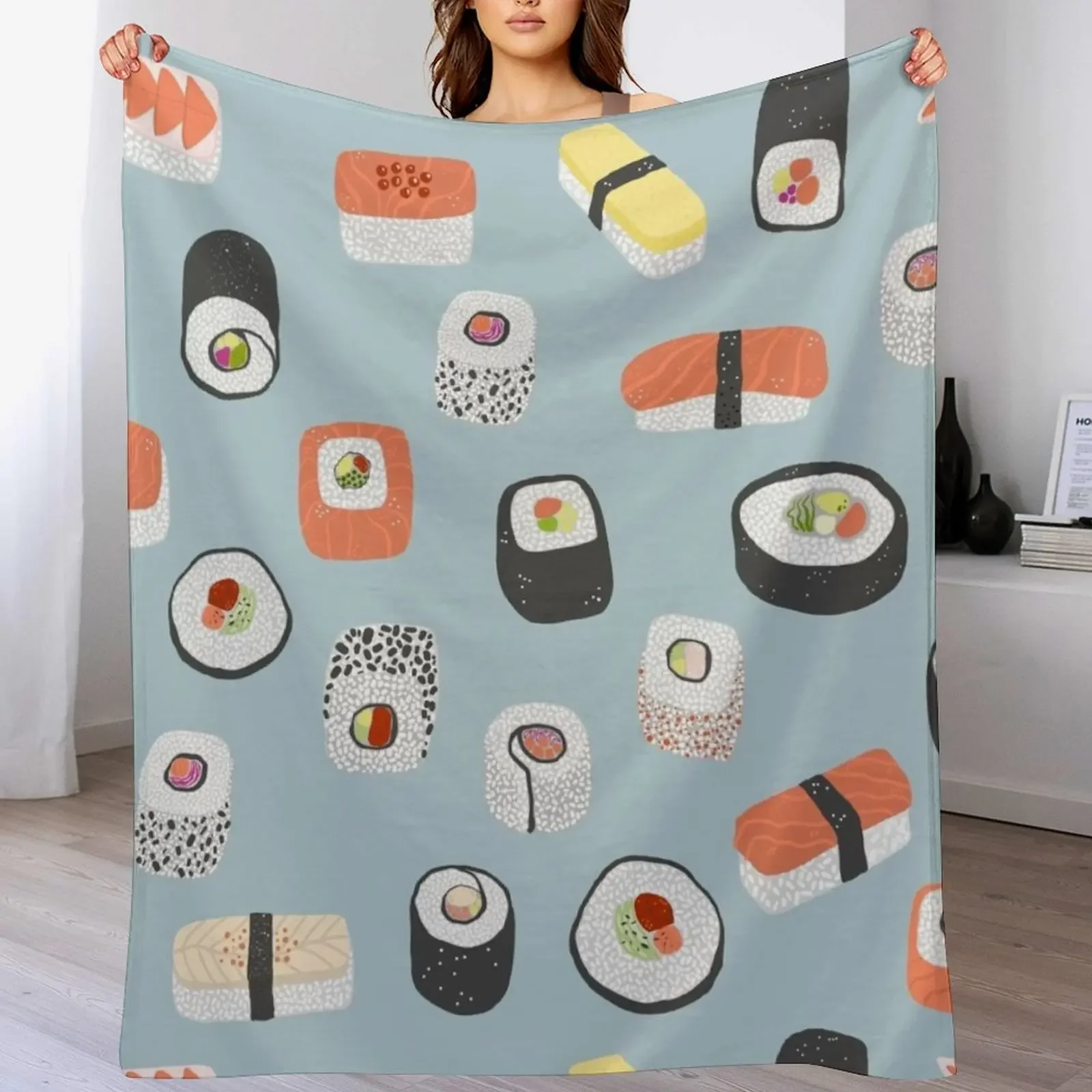 Sushi Roll Maki Nigiri Japanische Lebensmittelkunst Überwurfdecke Sommerbettwäsche lustiges Geschenk kariert auf dem Sofa Einzeldecken