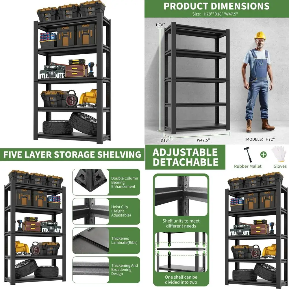 

Heavy Duty 5-Tier Adjustable Garage Shelving System, 2500 lbs Capacity, Industrial Style Metal Storage Racks for Optimal Space U