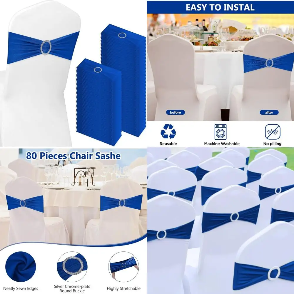 Fajas para sillas de spandex de 150 piezas con deslizadores de hebilla para bodas y banquetes - Bandas decorativas elásticas azules