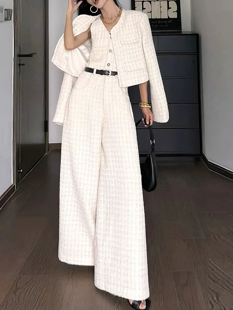 TWOTWINSTYLE Plaid Casual Two Piece Sets For Women V Neck Long Sleeve Coat V Neck Sleeveless High Waist Jumpsuit Chic Set Female