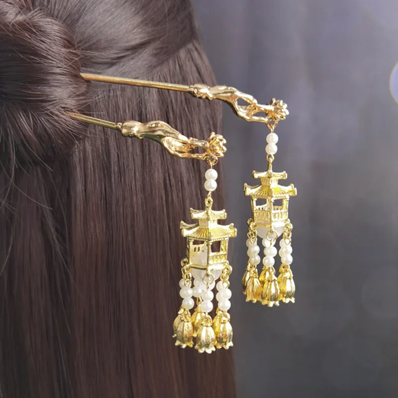 Chinese Palace Lantern Hairpin Clips Gold Color Metal Hair Sticks Forks with Light Women Girls Pendant Jewelry for Hanfu Dress