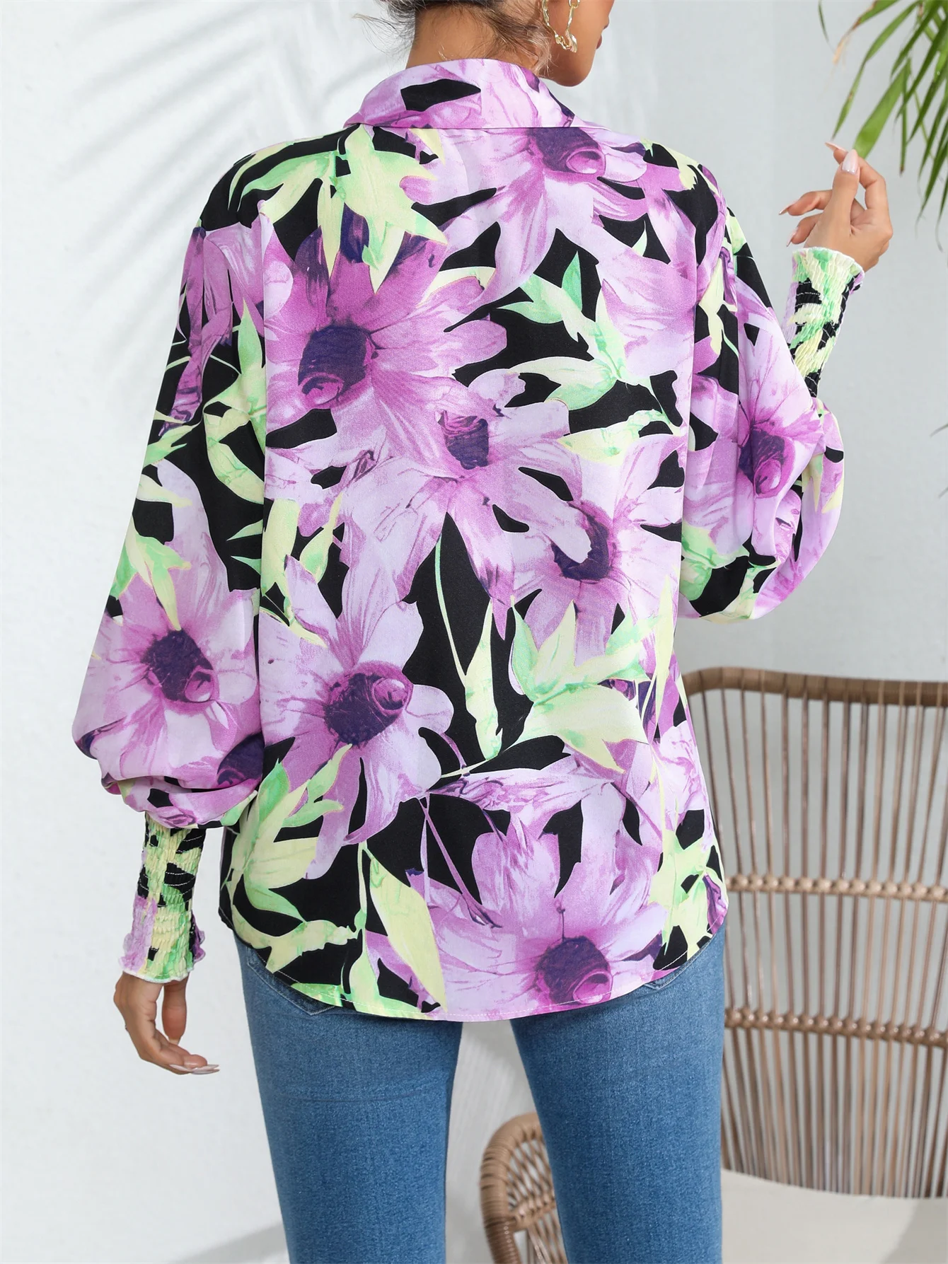 Casual Shirred Lantern Sleeve Floral Print Button Front Blouse For Spring & Fall, Women\'s Clothing