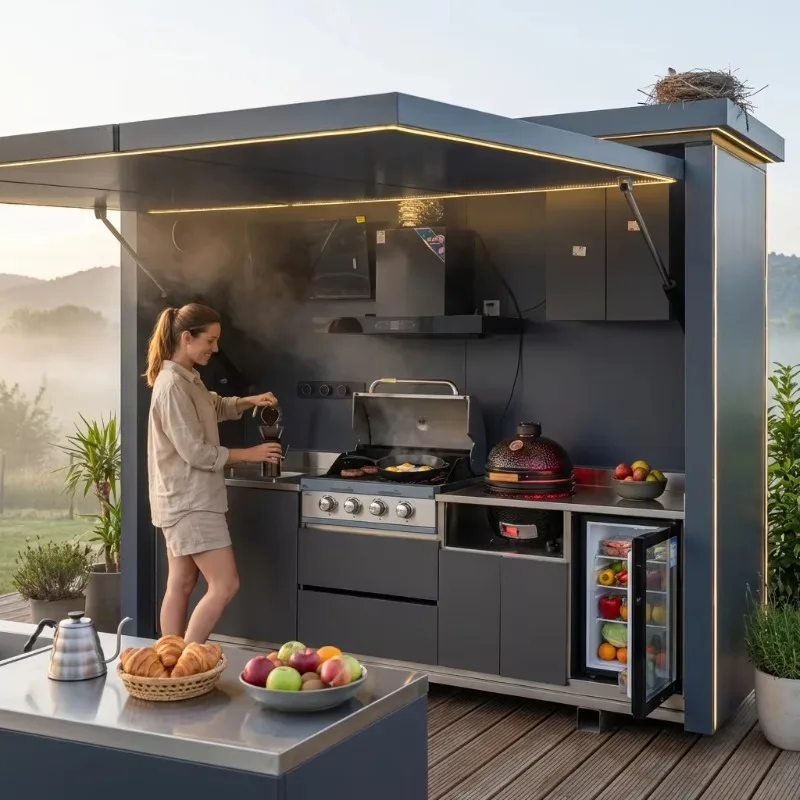 Customized Modular Outdoor Kitchen Set with Roof Complete Stainless Steel BBQ Kitchen Cabinets for Garden Living Space