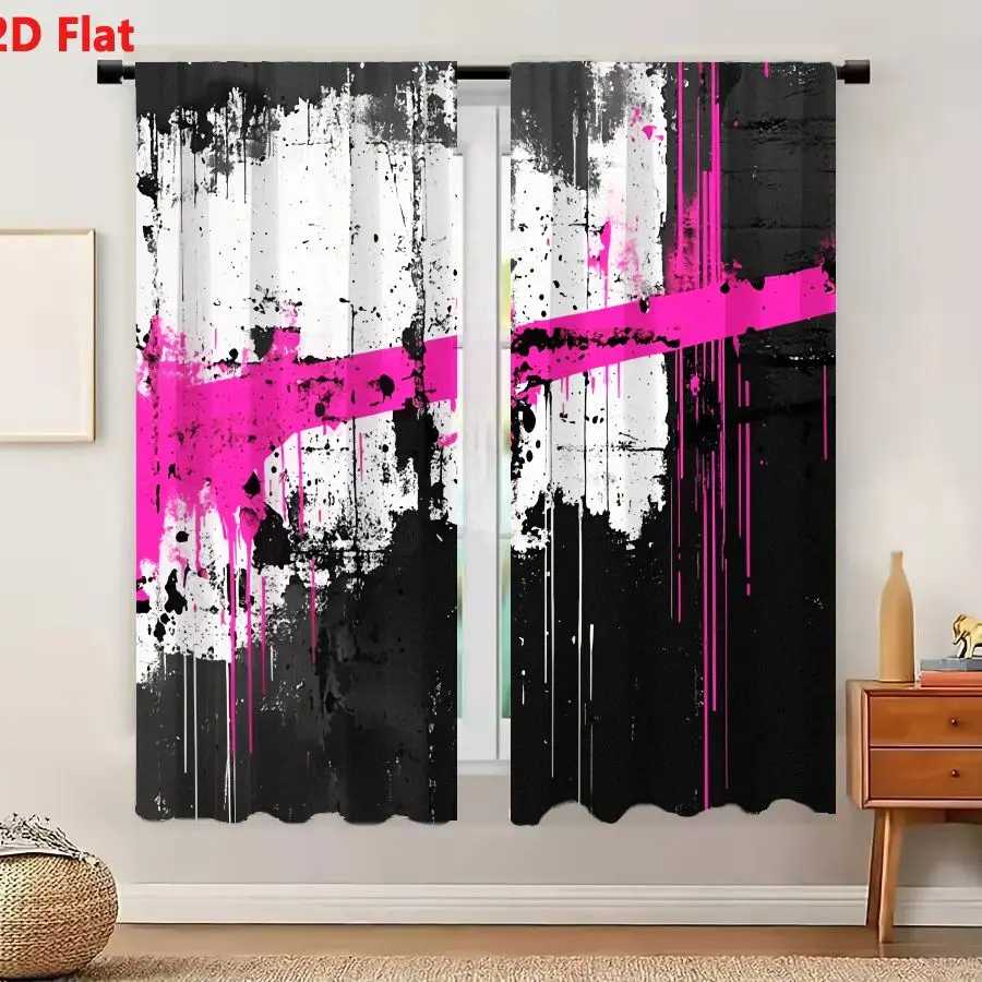 2Pcs Curtains Add 2D Flat Vibrant Abstract Neon Pink Diagonal Band Chaotic Textures Grungy Urban Street Art Dynamic Rebellious R