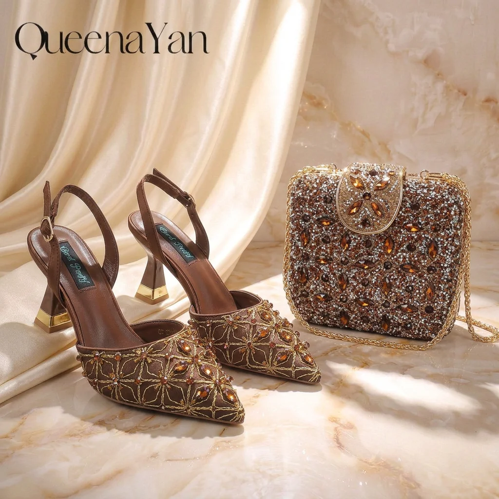 Elegant Brown Crystal Beaded Embroidery High Heel Shoes and Purse Set, Slingback Pointy Toe Heels for Nigerian Party Occasions