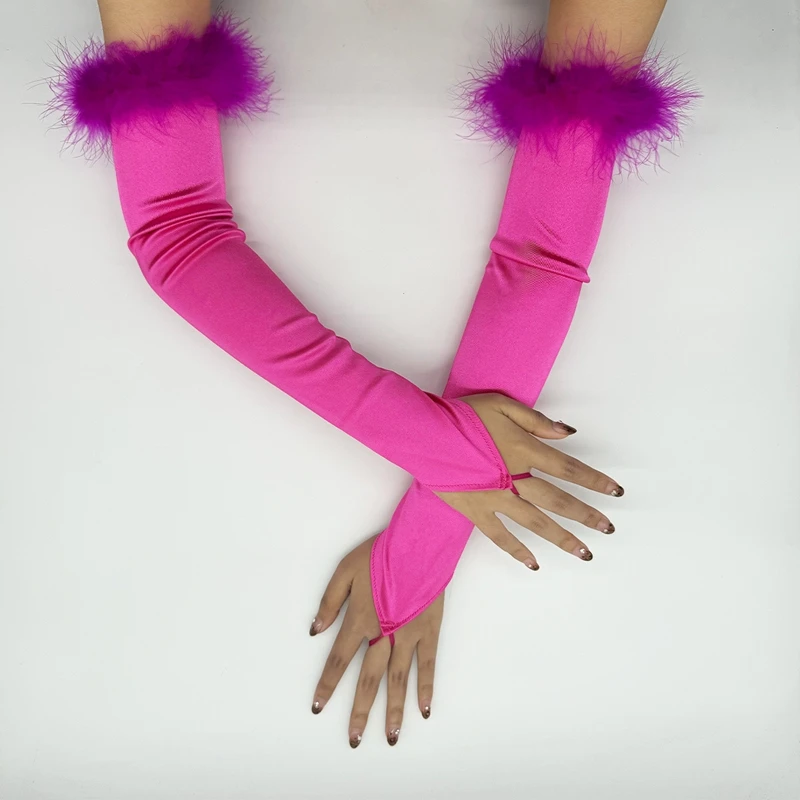 Fingerless Feather Puff Decor Gloves Opera Party Christmas Long Hook Finger Satin Gloves Ladies Bridal Dress Costume Accessories