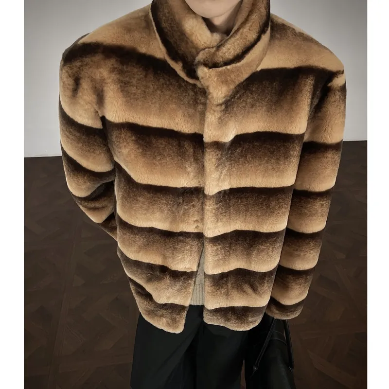 

Autumn Winter Thiened Men's Coat Rabbit Fur Collar Warm Casual Sle Inteated Cotton Clothes Long Sve Button Closure