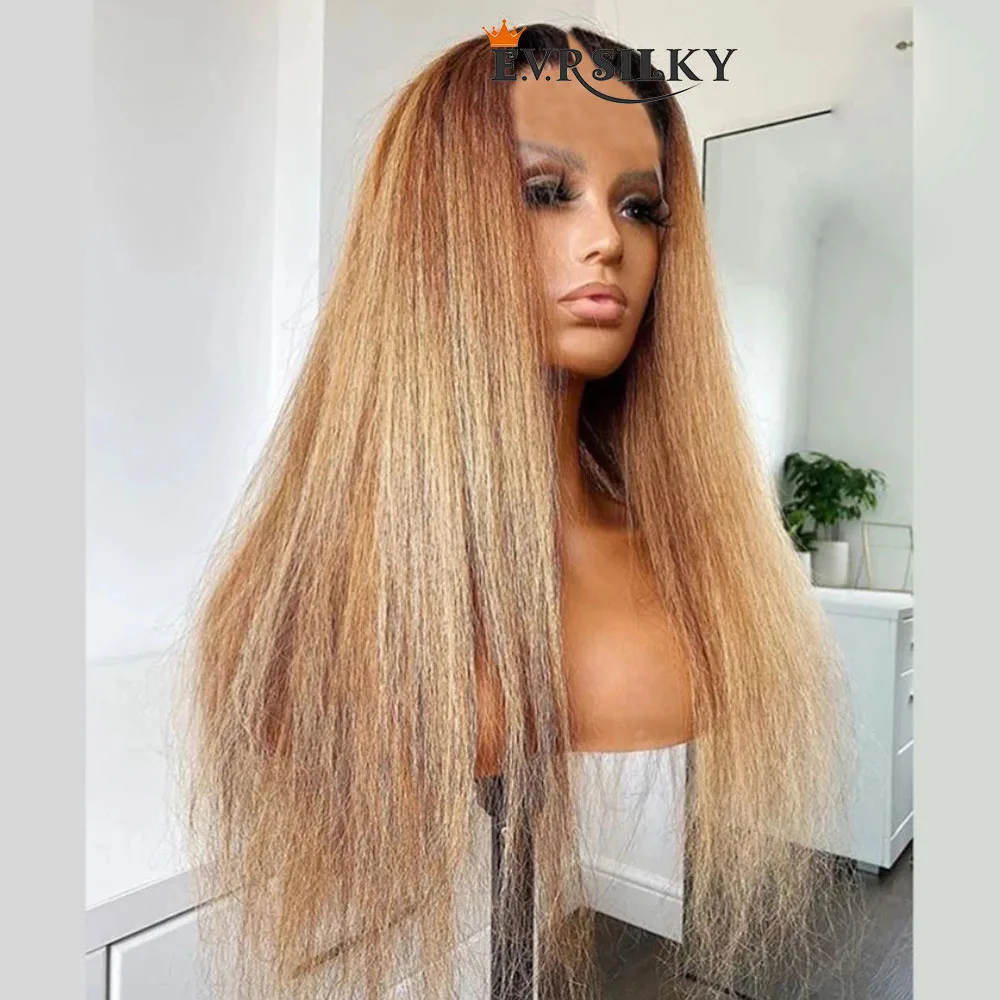 Ombre Honey Blonde V Part Wigs Yaki Straight Unprocessed 100% Human Hair Glueless Kinky Straight U Shape Wig Full End None Lace