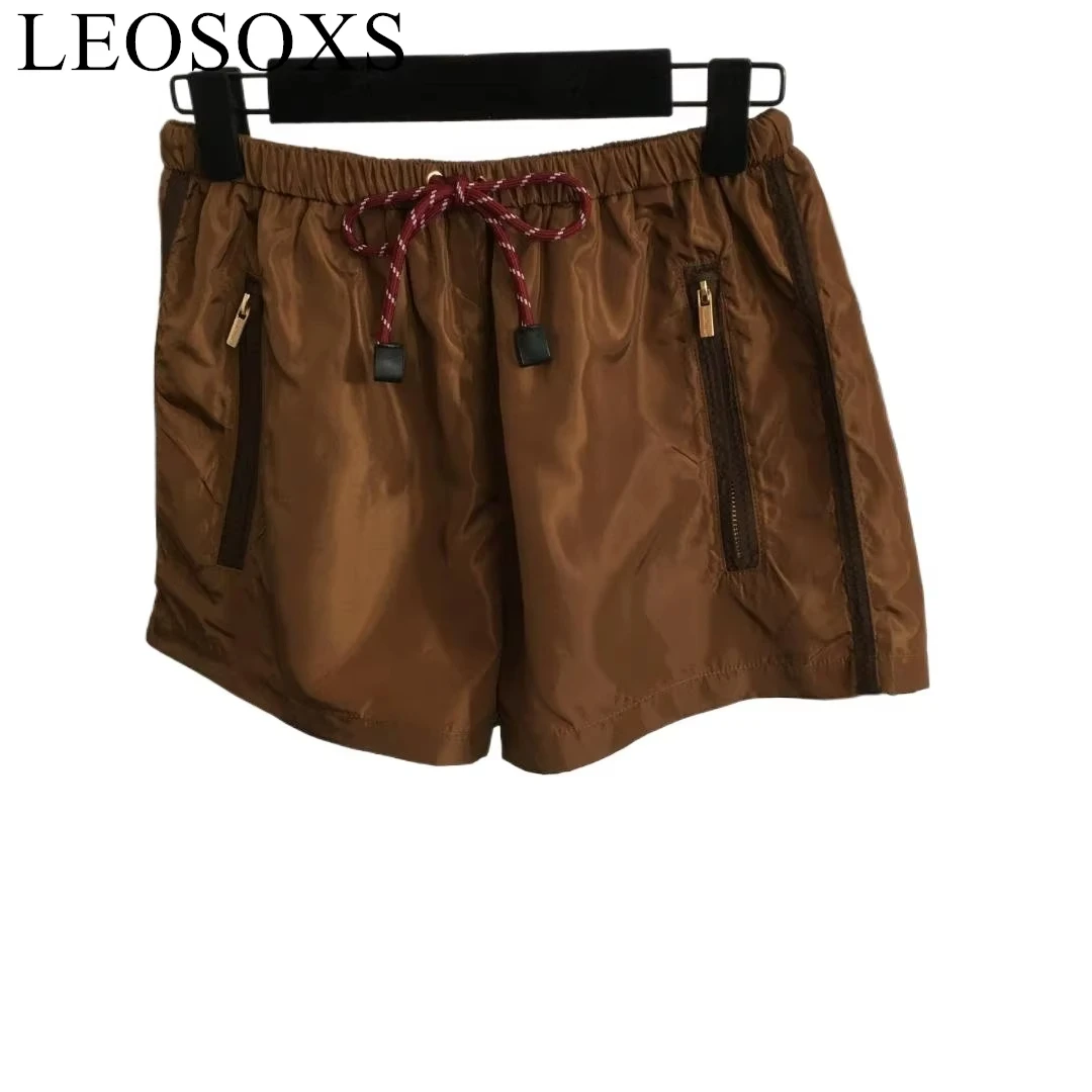 

Designer Brand Women's Summer Elastic Lace Up Shorts Solid High Waist Brown Shorts Female Brand Design Fashion Casual Short Pant