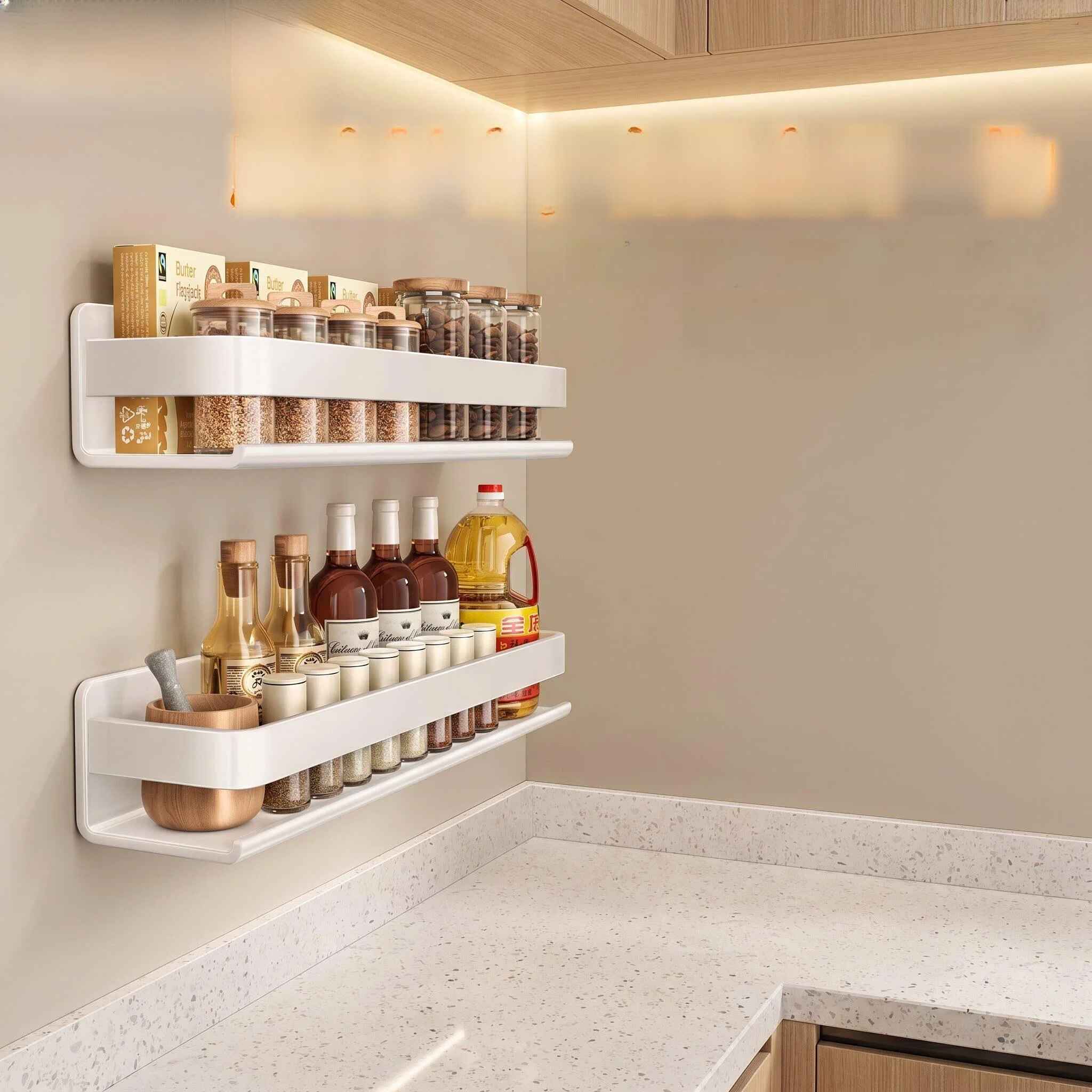 

Kitchen Wall Mounted Spice Rack Oil Salt Soy Sauce Vinegar Multi-Function Storage Shelf No Drilling Required Nordic Style