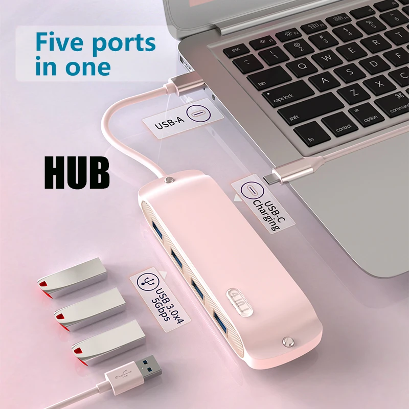 

5 портов в 1 розовый концентратор USB 3.0 Type C PD Зарядная док-станция для MacBook Air M1 M2 iPad Samsung 4K HDMI-совместимый телефон Компьютерный концентратор