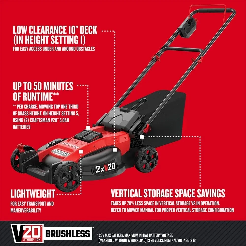 For V20 Lawn Mower, Push Mower, Lightweight and Portable, Grass Bag, Battery and Charger Included