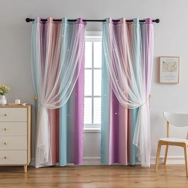 Curtains For Living Room Bedroom Double Layers Sheer Rainbow Colorful Princess Home Decoration Drapes