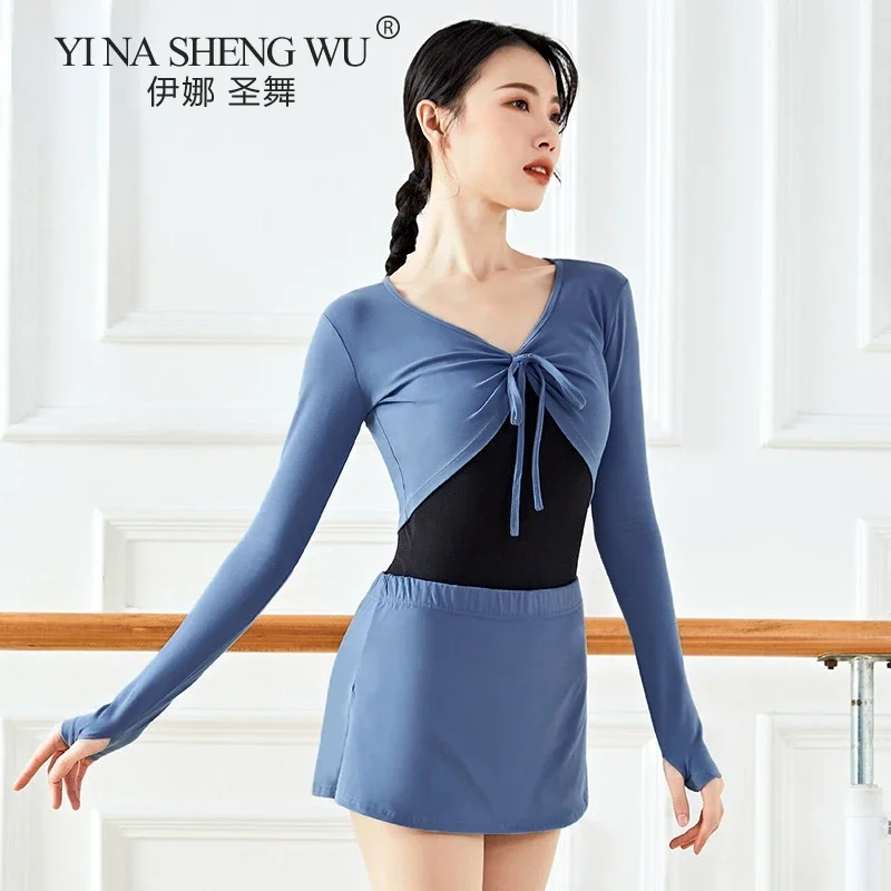 Adult Ballet Dance Dress Female Long Sleeve Gymnastic Clothing With Ballet Classical Dance Dress Black Skirt Side Split 5 Colors