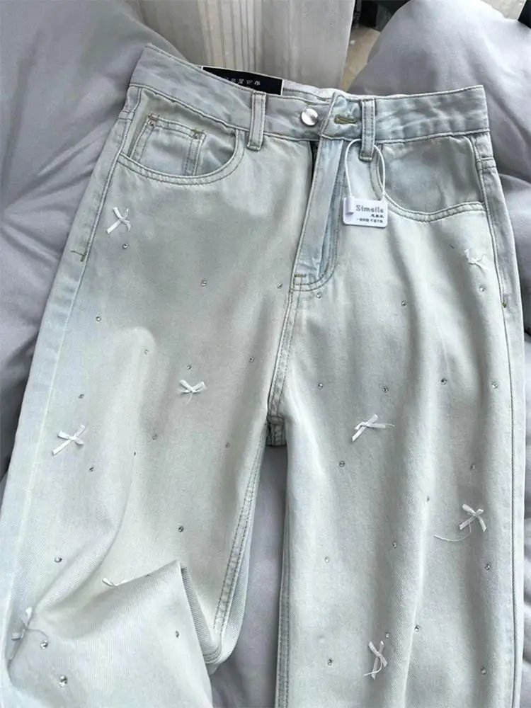 Pantalones vaqueros de pierna ancha con lazo de diamante, pantalón vaquero recto de cintura alta, Retro, azul claro, informal, para primavera y verano