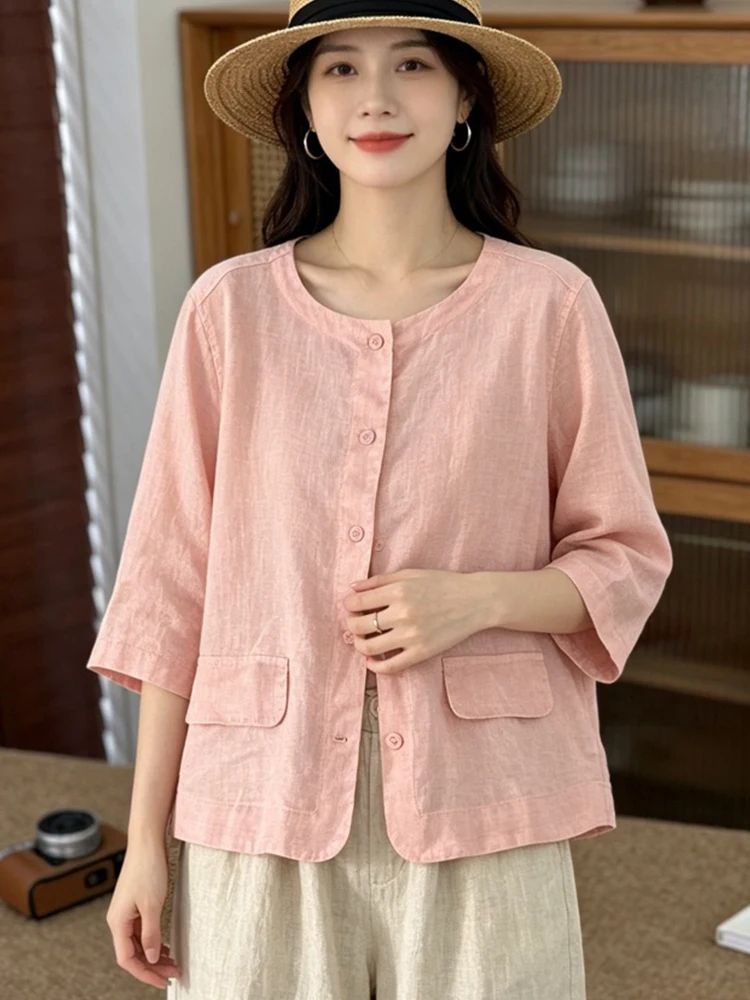 Amax LuluE 2026 Vintage Soild Cotton Linen Coats Females Summer Fashion Jackets Womens Korean Design Classic Leisure Outerwear