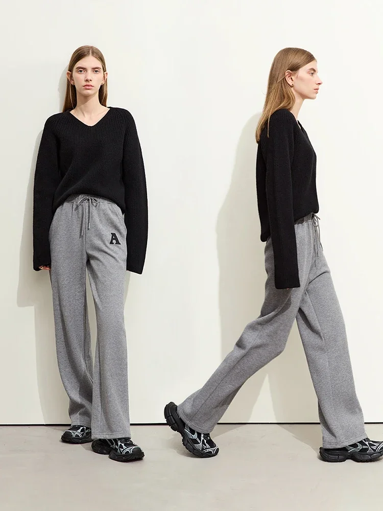 AMII Pants For Women 2026 Winter New Wide Leg Trousers For Woman Loose Elastic Waist Embroidery Versatile Casual Pants 12324099