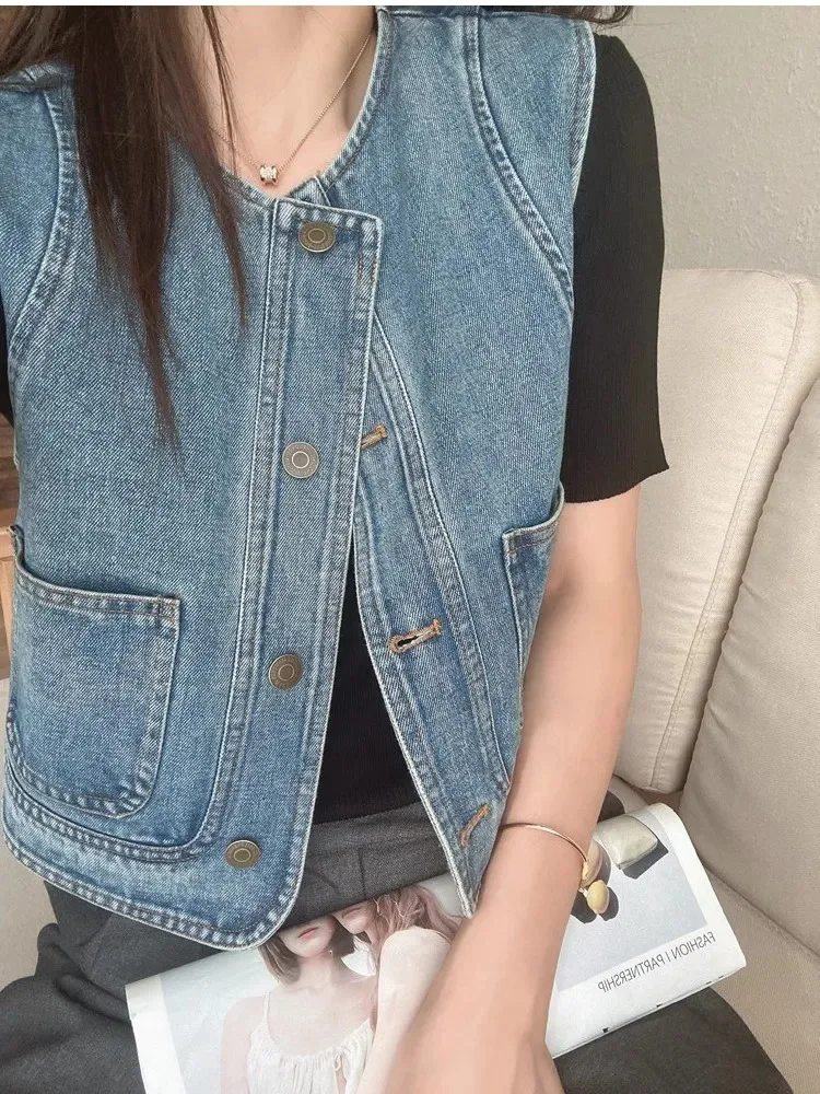 سترة جينز عصرية متعددة الاستخدامات للنساء لربيع وخريف نمط جديد فضفاض قصير بدون أكمام معطف غير رسمي سترة واحدة الصدر #4