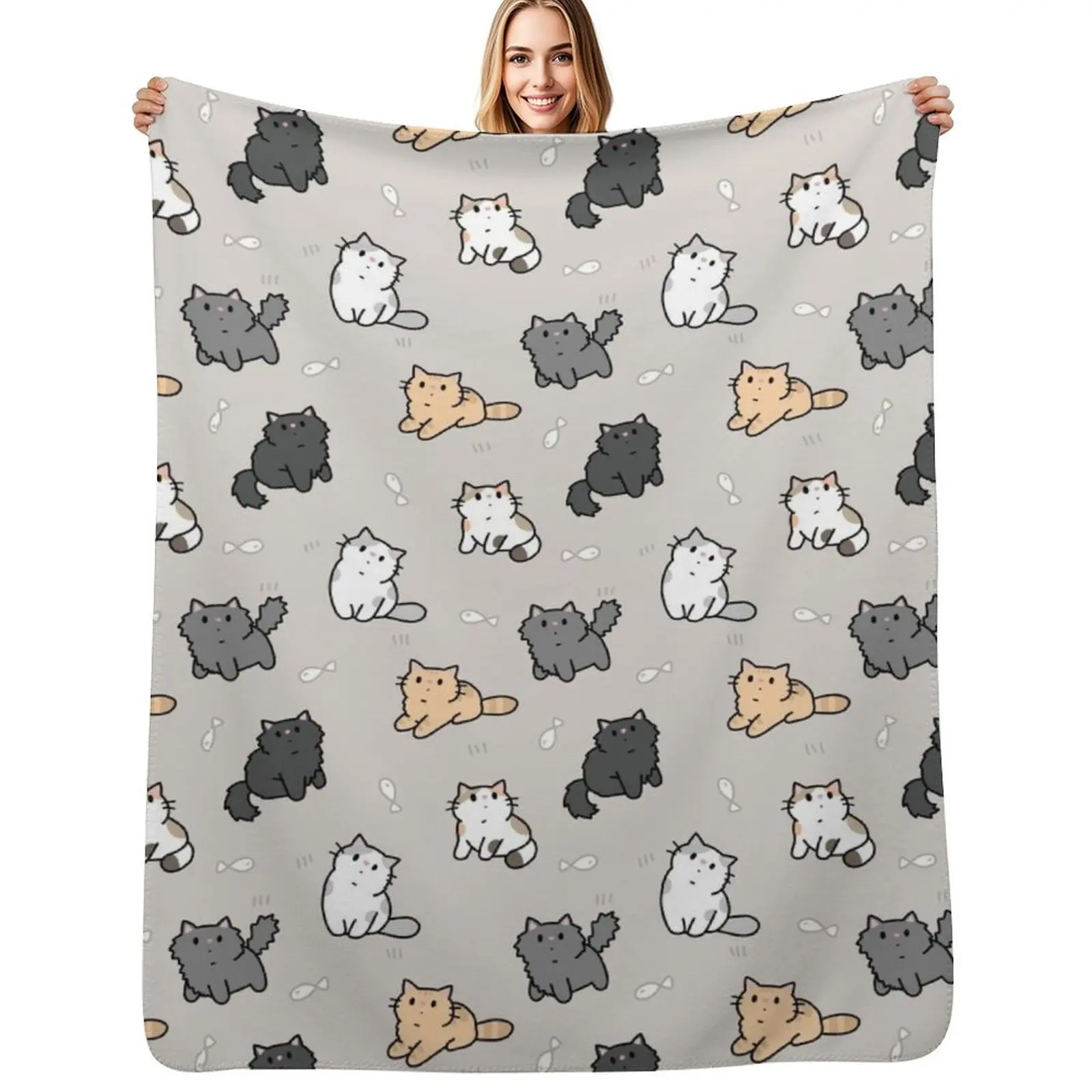 Kittens and fish pattern Throw Blanket Easy Care Comfortable Blanket for Couch