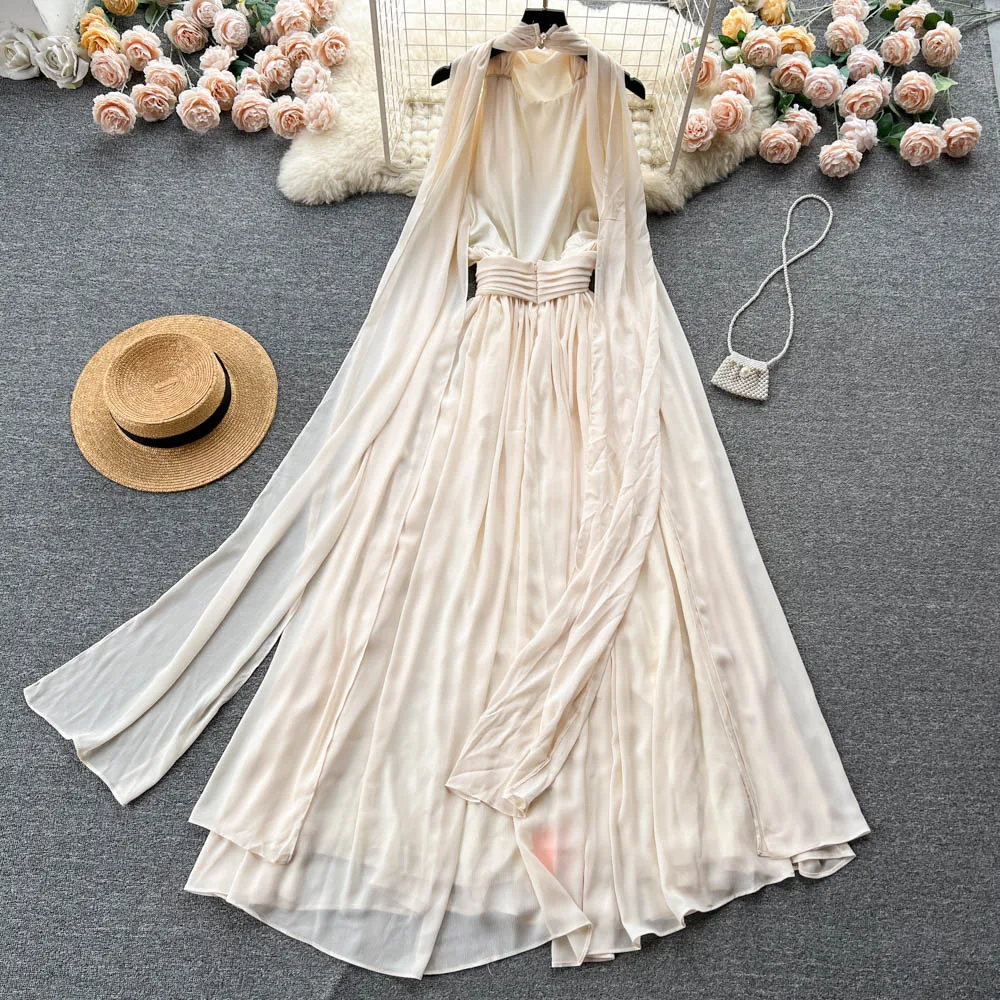 Elegant Sleeveless Vintage Halter Chic Backless Sweet Fairycore Floor Length Dresses Evening High Street Autumn Women Clothing