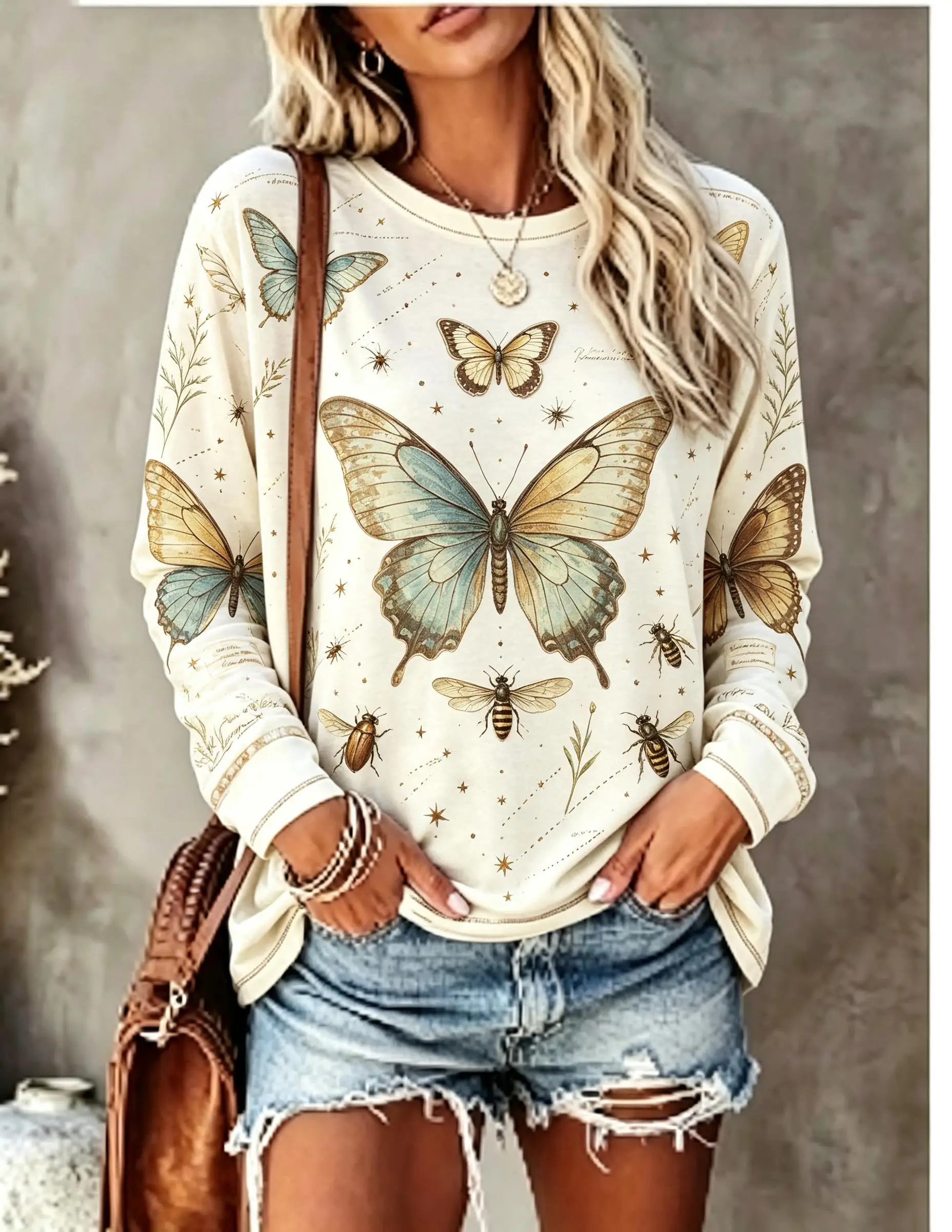 Women Long Sleeve T‑Shirt Vintage Butterfly Insect Bee Botanical Leaf Print Crew Neck Casual Loose Tops