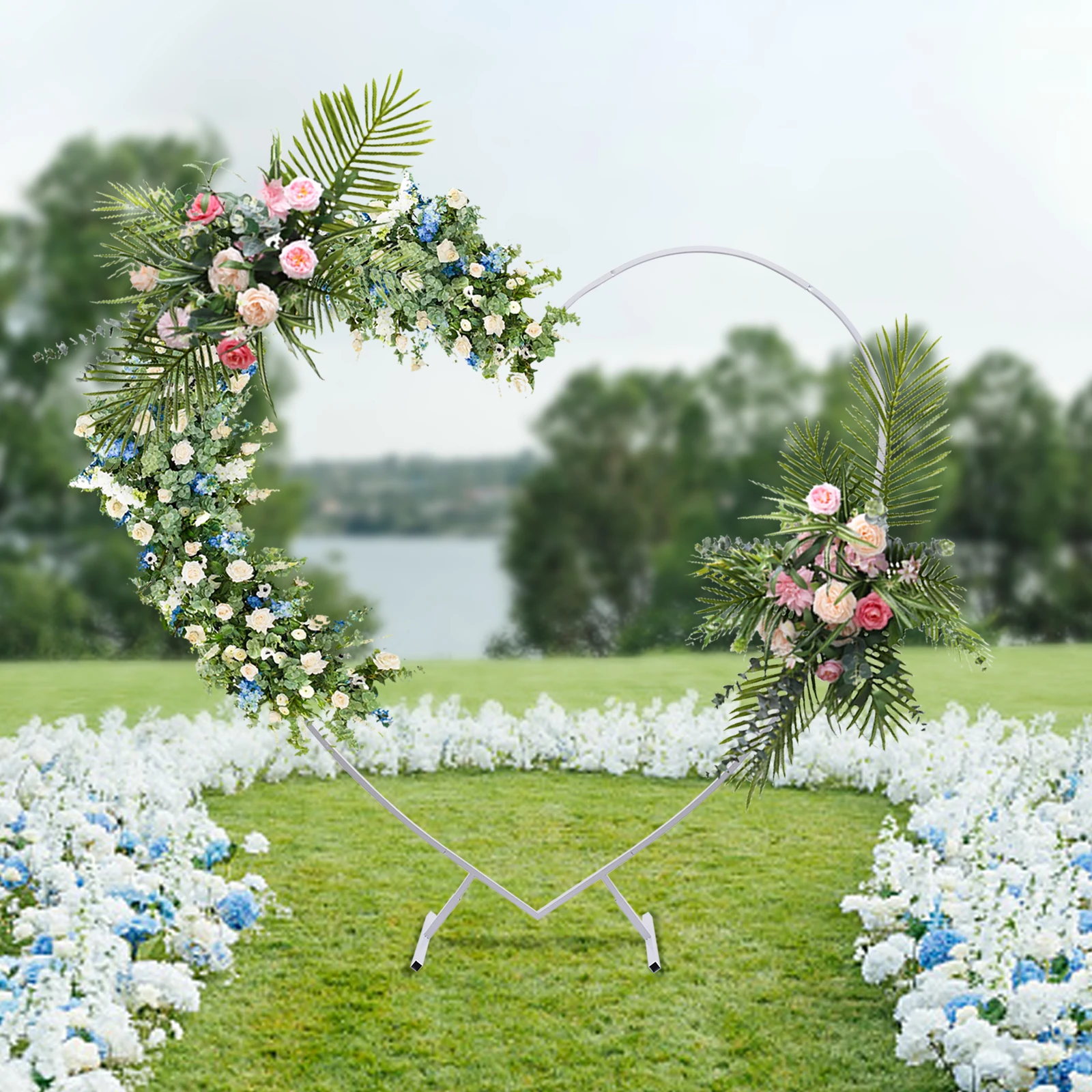 Bymaocar 2.1m Wedding Arch Stand Backdrop White Frame Flower Balloon Stand Party Heart Shaped Metal Stand Decor