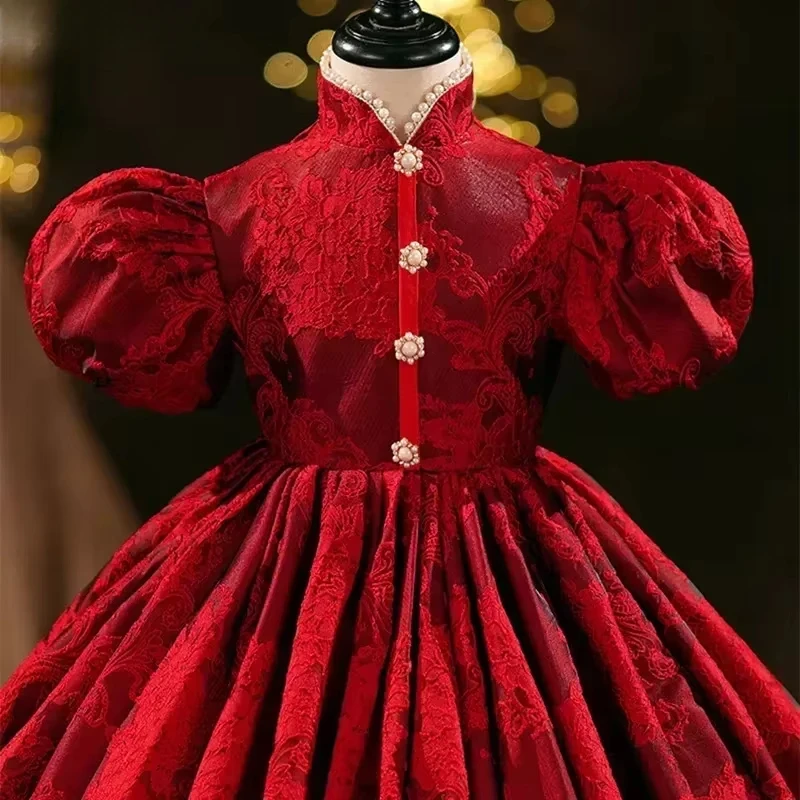 2025 Elegant Girl Dresses New Puff Sleeves Long Ball Infant Kid Clothes Gowns Young Girls Floral Red Dress Children VintageYears