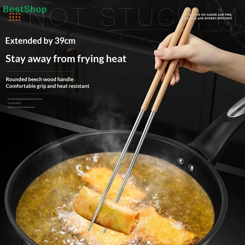 〔Z〕1 Pair Non Slip 304 Stainless Steel Chopsticks With Wooden Handles Extended Length Suitable For Home Restaurant And Hot Pot