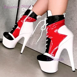 Schwarz rot Sport Leder Plattform Heels Frauen Pole Dance 20cm sexy Spitze Reiß verschluss runde Abdeckung Stiefel kurze Knöchel weiß Graffiti Schuh