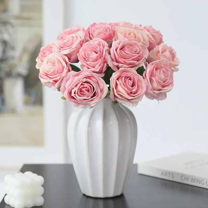 2bundles European Retro 7-branch Burnt Edge Bouquet of Roses Simulated Flower Roasted Edge Living Room Dining Table Decoration