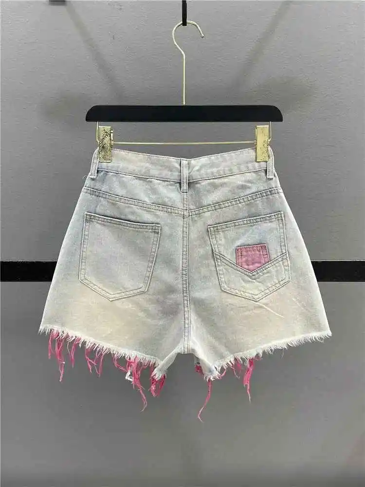S-2XL Holes Women Short Denim Pants Summer New High Waist Pink Wide Leg Pant Zipper Fly Female Jeans Shorts