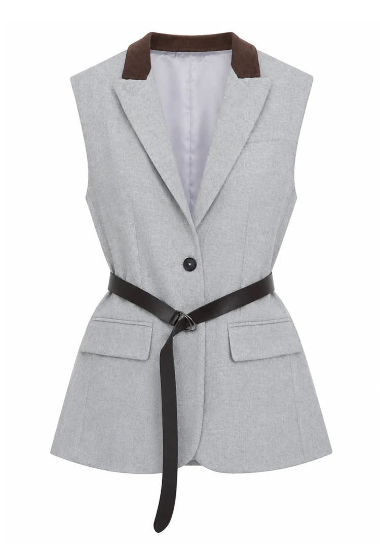 KX7523378 Luxuriöse Damenweste aus Wollmischung mit Taschen, elegante, minimalistische, ärmellose Jacke – Detail 9
