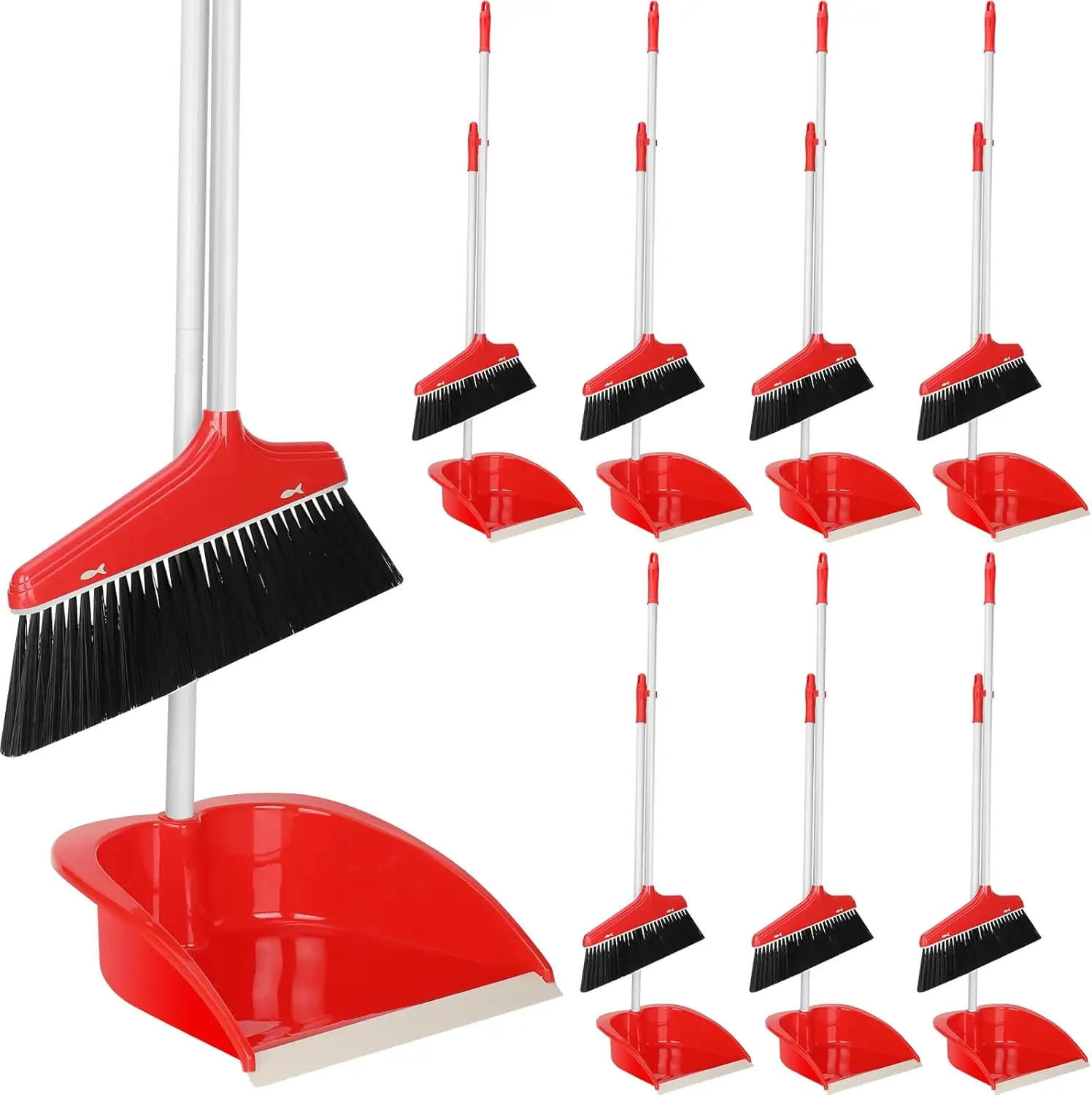 

8-Piece Long Handle Broom and Dustpan Set with Upright Standing Design for Kitchen, Office, Floor Cleaning in Red
