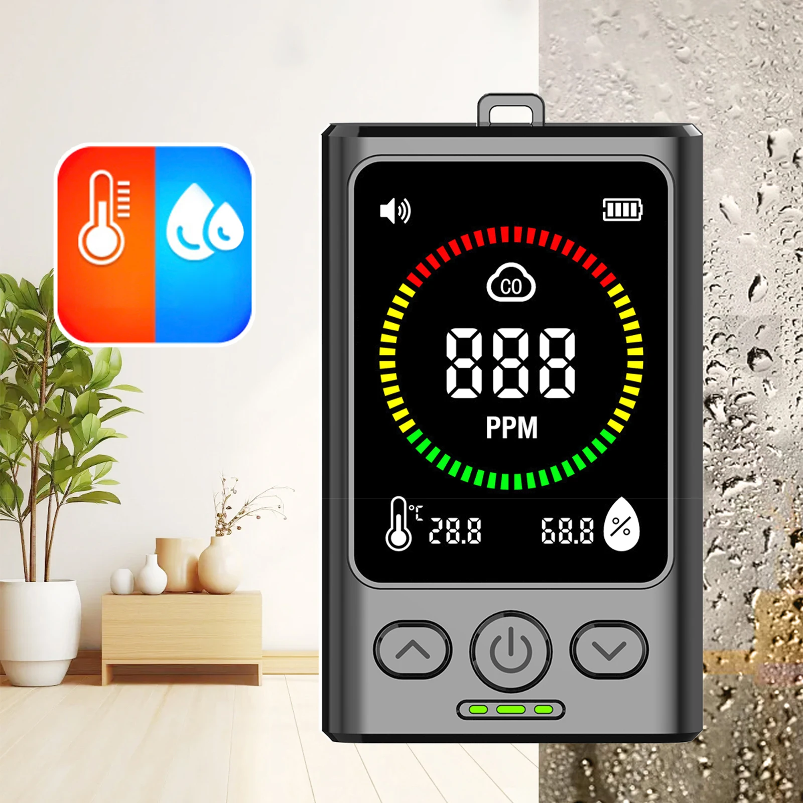 

Детектор угарного газа 3-в-1, перезаряжаемый, с ЖК-дисплеем, монитор температуры и влажности для дома, путешествий, отелей, помещений