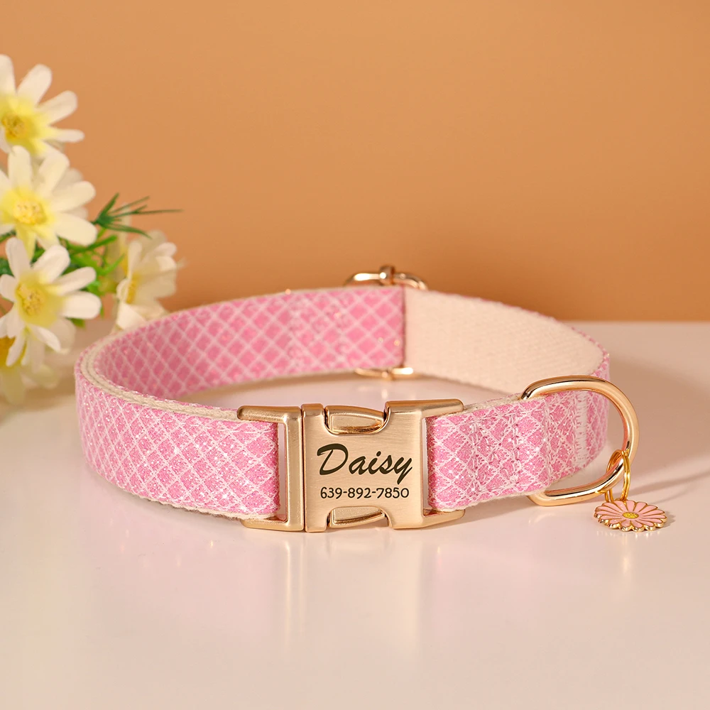 Personalized Dog Collar Bling Plaid Dog Buckle Collar Anti-lost Cute Flower Pendant Accessory For Small Medium Dogs Cats Pink