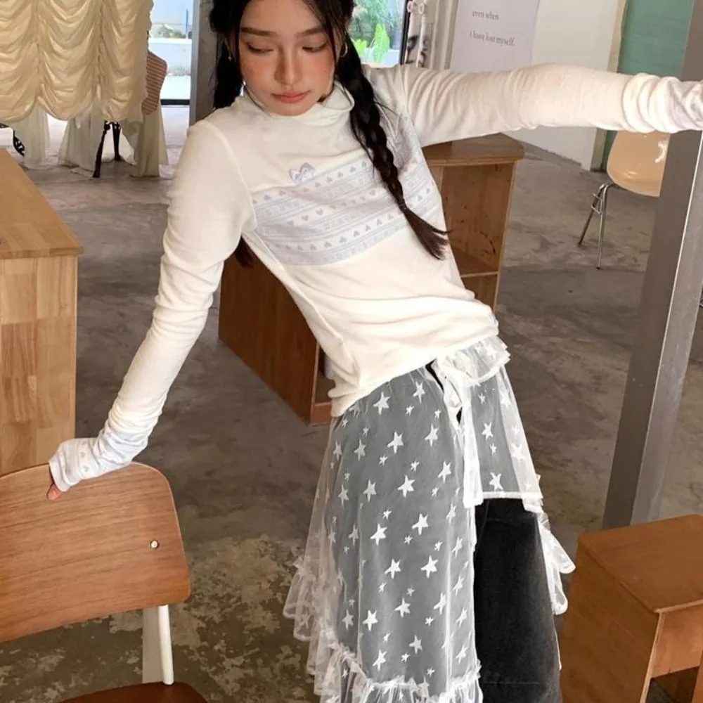 Rok Mini Renda Bintang Manis Rok Kasa Pinggang Tinggi Gaya Jepang Rok Tepi Ruffle Peri Faldas Y2K Pesta