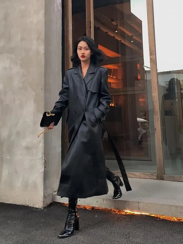 Lautaro Spring Autumn Long Black Soft Pu Leather Trench Coat for Women Belt Double Breasted Cool Handsome European Fashion 2022
