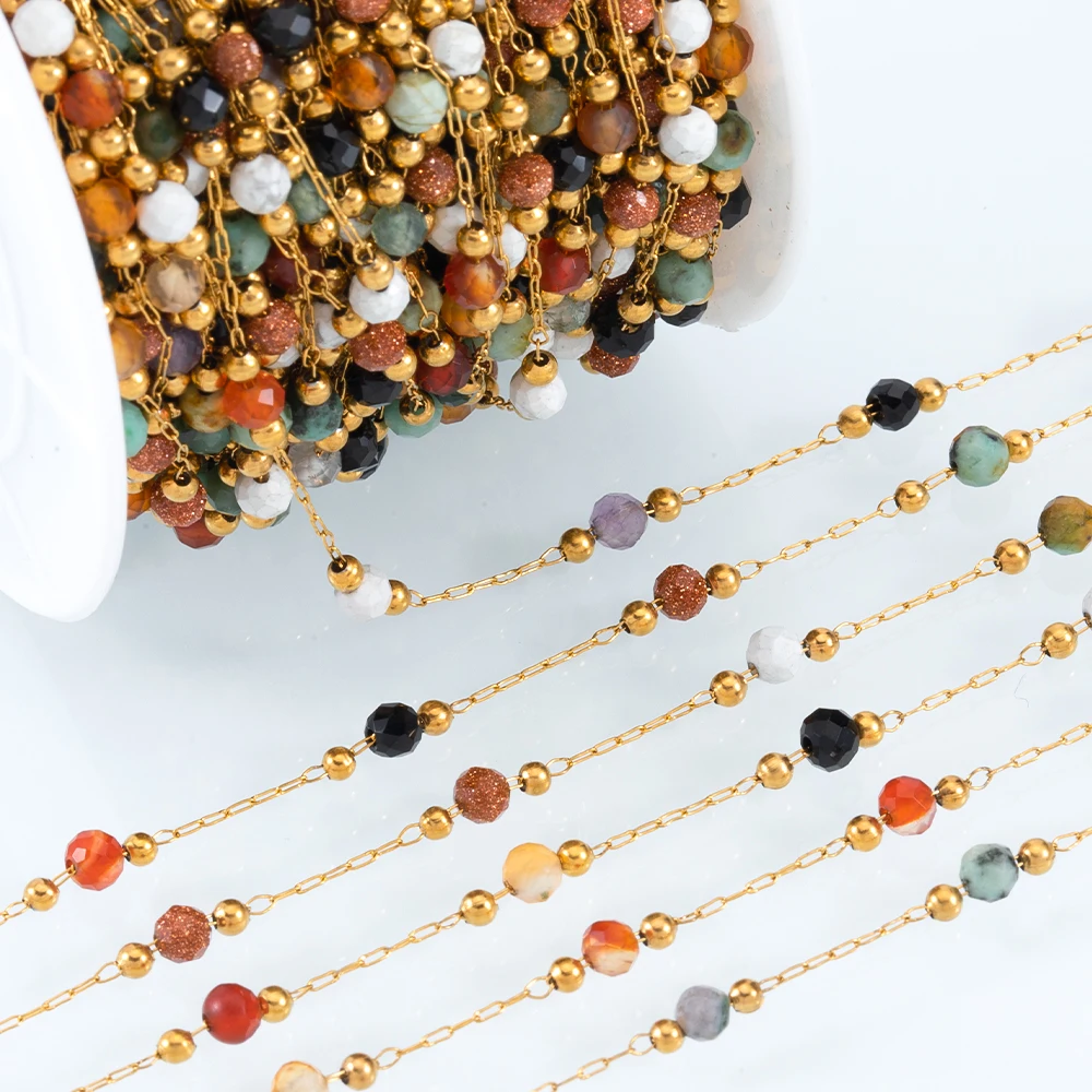 1meter Colorful Stone Stainless Steel Beaded Chain Faceted Crystal Bead Chains for Necklace Bracelet DIY Holiday Jewelry Making