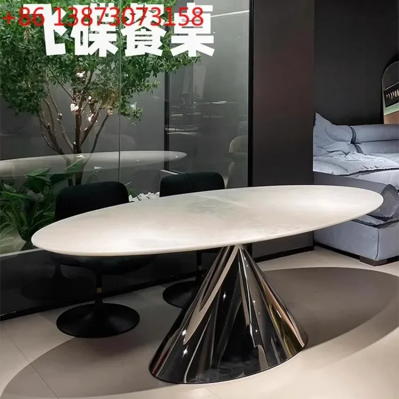 Mesa de comedor de piedra de lujo, ovalada, moderna y sencilla, de mármol natural importado, color blanco Fendi, con cristal azul, estilo platillo volador.