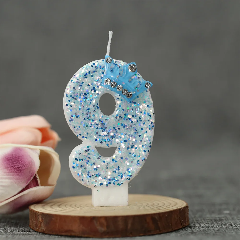 Number 9 Birthday Candles Cake Topper Sequin Candles with Blue Crown for Girl 1st Birthday Party Cake Decoration Baby Shower