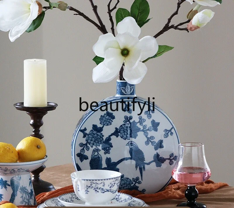 

New Chinese-style moonlight blue and white porcelain vase ornament living room flower arrangement ceramic retro flower ware