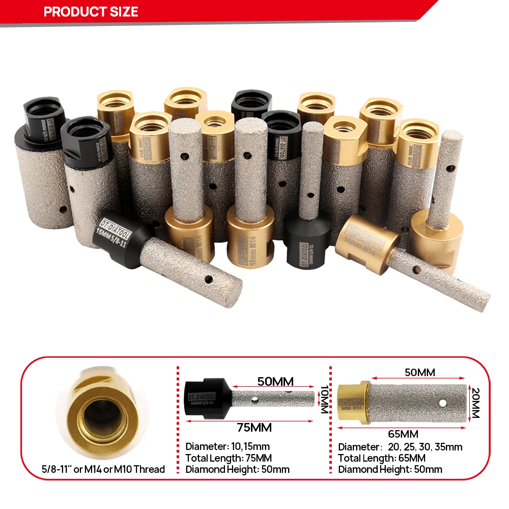 DT-DIATOOL 2Pcs เพชรสูญญากาศแห้งนิ้วมือ Bits กระเบื้องเซรามิค Pocelain มิลลิ่ง Bevel ขยาย Marble Holes M14 M10 5/8-11