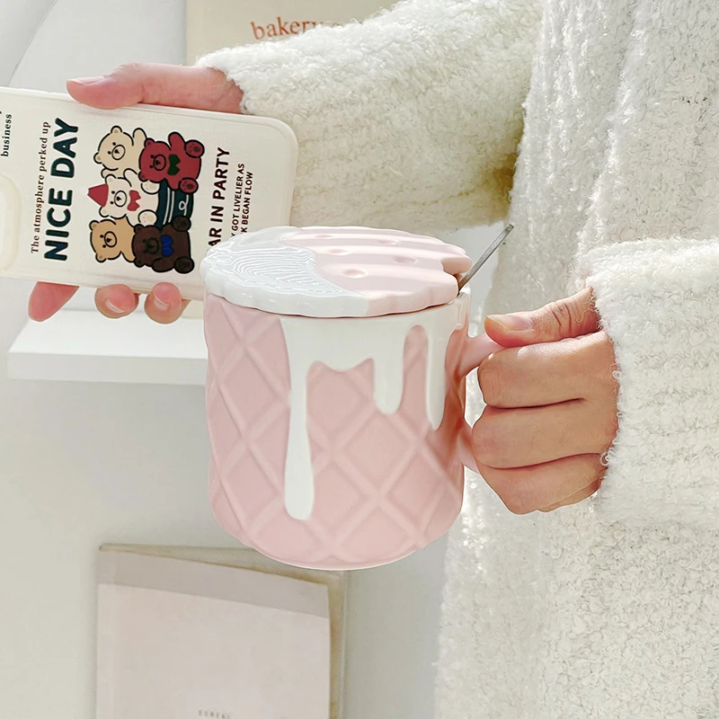 Ceramic Water Cup Cute Mug Couple Cup Girl Creative Breakfast Milk Cup With Lid With Spoon Home Drinking Cup