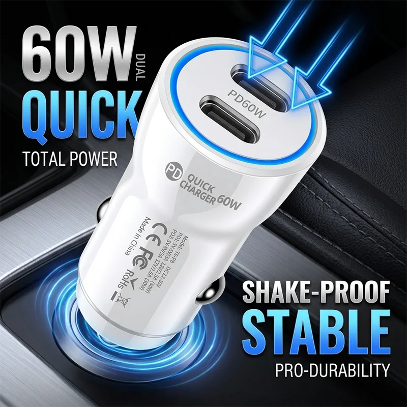 Dual Type C Car Charger 60W PD Fast Charging Power Adapter For iPhone 17 Pro Max For Samsung Dash Cam With Blue LED Light